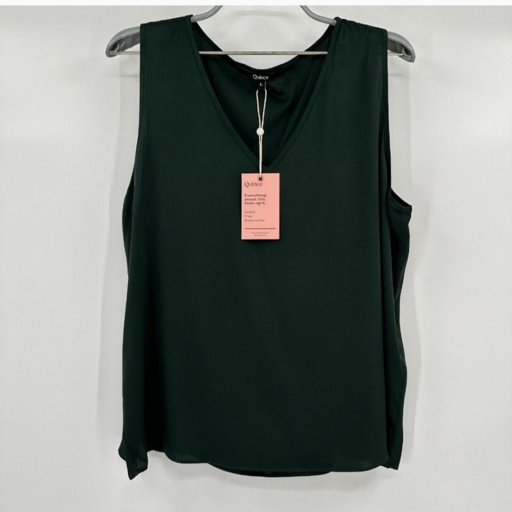 Quince Forest Green Silk Tank Top Washable Stretch Sleeveless sz L NWT V-neck